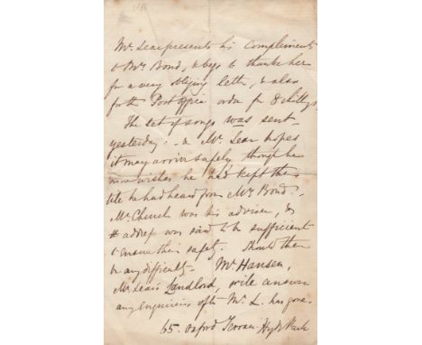 LEAR EDWARD: (1812-1888) English Artist, Illustrator and Poet. A.L.S., Mr Lear, in the third person, one page, 8vo, Oxford Te
