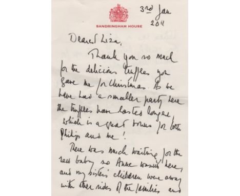 ELIZABETH II: (1926-     ) Queen of the United Kingdom 1952-     . A fine A.L.S., Elizabeth R, two pages, 8vo, Sandringham Ho