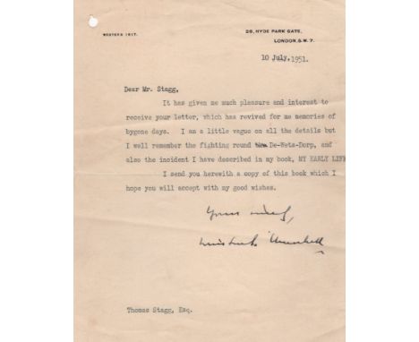 CHURCHILL WINSTON S.: (1874-1965) British Prime Minister 1940-45, 1951-55. Nobel Prize winner for Literature, 1953. T.L.S., W