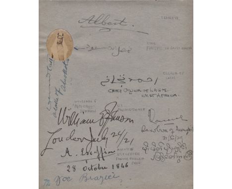 FAMOUS MEN: An unusual 8vo page removed from an autograph album individually signed by a miscellaneous group of eight famous 