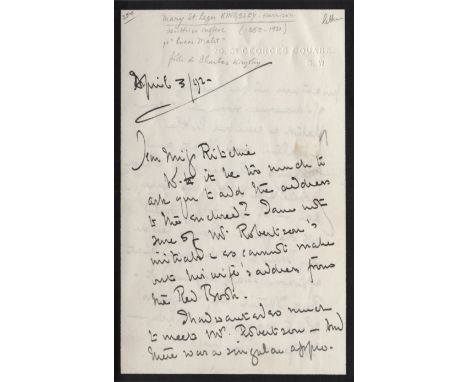 MALET LUCAS: (1852-1931) British Novelist, pseudonym of Mary St Leger Kingsley. A.L.S., Mary St Leger Kingsley, four pages, 8