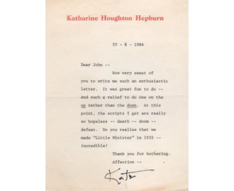 HEPBURN KATHARINE: (1907-2003) American Actress, Academy Award winner. A good T.L.S., Kate, one page, 8vo, n.p., 8th April 19
