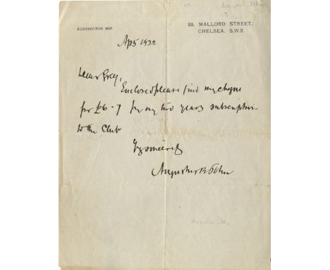 JOHN AUGUSTUS: (1878-1961) Welsh Painter. Brief A.L.S., Augustus E John, one page, 4to, Mallord Street, Chelsea, 5th April 19