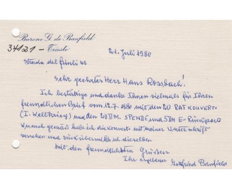 BANFIELD GOTTFRIED: (1890-1986) Austro-Hungarian Fighter Ace of World War I credited with 9 victories, he was the most succes