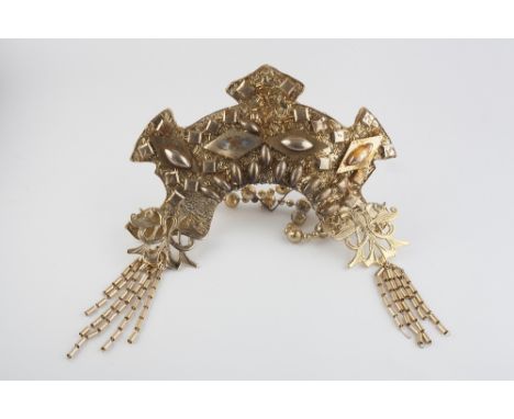 A beaded headdress from the 1980 film Flash Gordon, of angular tiara style with twisted gold detail, gold bugle beading, with