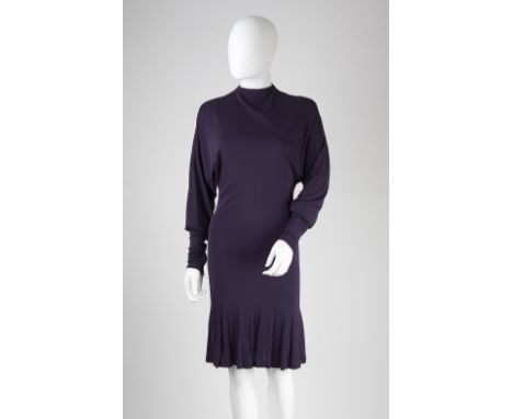 An Alexander McQueen purple occasion dress, funnel neckline, cuffed full length sleeves with zip detail, flared skirt, open b