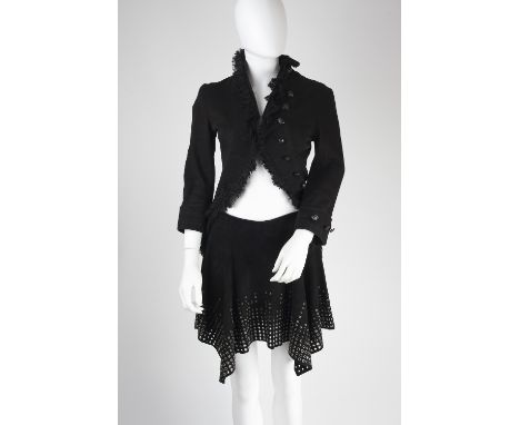 An Alexander McQueen black denim fringed jacket, button detail to front, ¾ length sleeves with button detail, label to neck, 