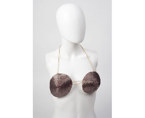 Three 'Handmaiden' bikini tops worn in the 1980 film Flash Gordon, of gold, light gold and purple hue, each with sequinned cu