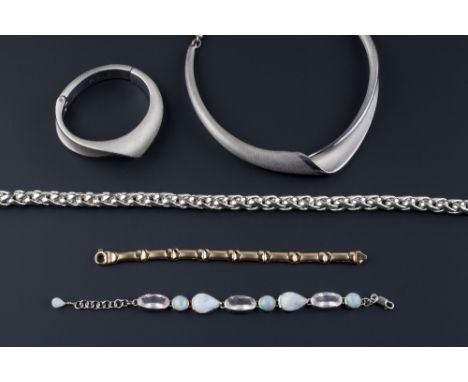 A collection of jewellery, comprising an enamel and diamond set floral pendant necklace, a part-frosted silver articulated co
