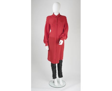 An Alexander McQueen red silk shirt dress, buttons and pockets to front, full length sleeves with button cuffs, Alexander McQ