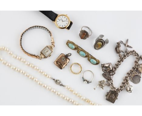 A collection of assorted watches and jewellery, to include a lady's 9ct gold cased wristwatch by Rotary, three further lady's