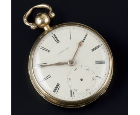 An 18ct gold open face pocket watch, the circular enamel dial with Roman numerals and subsidiary dial (seconds hand deficient