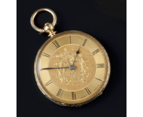 An open face fob watch, the circular gilt dial with floral engraved decoration and Roman numerals, to engine-turned case with