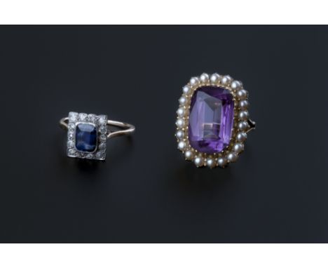 Two cluster rings, comprising a rectangular sapphire and diamond set cluster ring, and a cushion-shaped amethyst and half pea