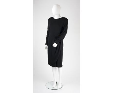 A black Valentino wool dress with full length sleeves, round neck, button to waist and wrap detail skirt with zip fastening t