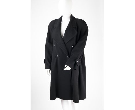 A black wool 1980s KL by Karl Lagerfeld double-breasted coat, the full length sleeves with button detail, large collar, pocke