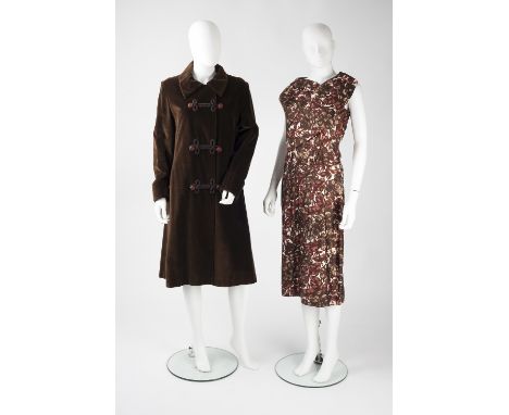 A brown velvet coat, with collar, brocade detail, buttons to front, full length sleeves, The Vogue label to inside, two patte