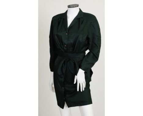 A 1980s Thierry Mugler dark green shirt dress with long sleeves, button fastenings to front and waist belt with Thierry Mugle