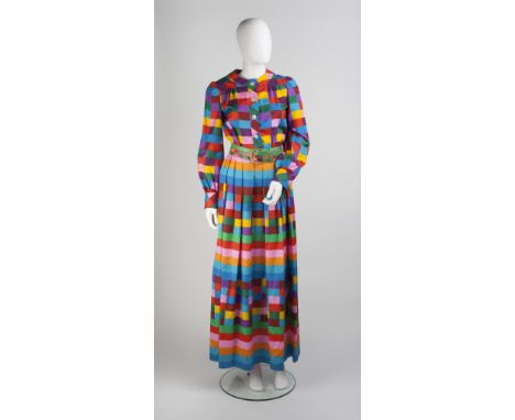 A 1980s brightly coloured Valentino full length silk dress, of a striped and square pattern, with round neck, full length cuf