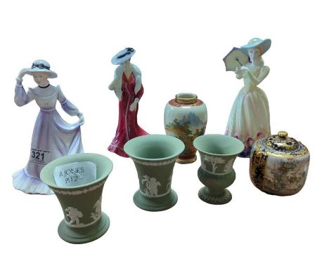 An early 20th century Japanese Satsuma pot pourri jar and cover, 10cm high together with three figures of ladies and other it