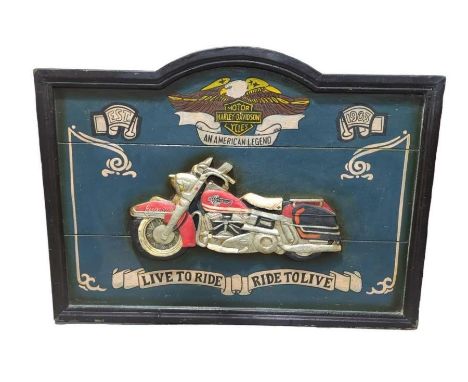 A painted wood wall plaque - Harley Davidson "Live to Ride Ride to Live" 61cm high 81cm wide