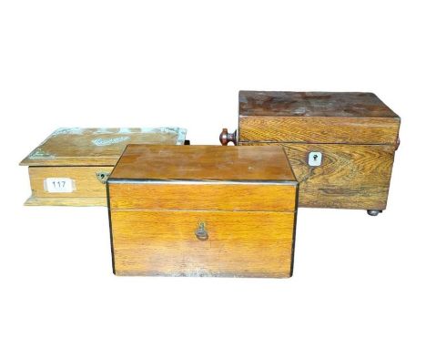 A 19th century rosewood tea caddy, an oak cigar box, another tea caddy and a boxed Lladro figure