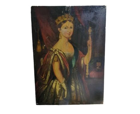 A small naive portrait of Queen Victoria in state robes holding a sceptre, oil on board, 26cm x 18.5cm, in frame