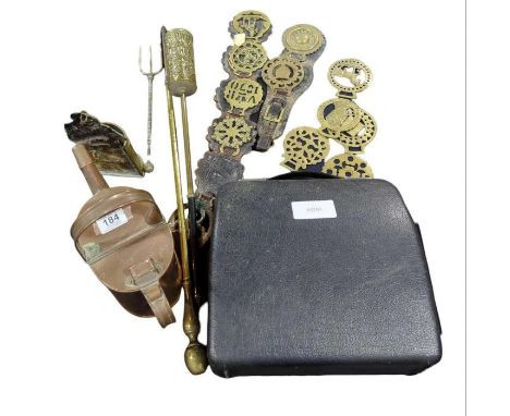 A small copper watering can; horse brasses on leather straps, some loose, fireguard, Olympia Splendid 66 manual typewriter in