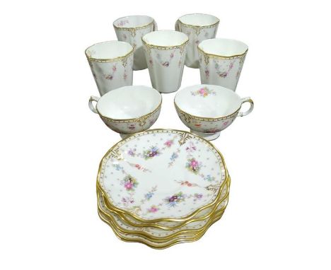 Royal Crown Derby Royal Antoinette pattern - two tea cups, five mugs and six saucers