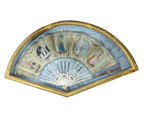 An early 19th century French fan, the silk leaf painted with fashionable figures and monuments within spangled borders, the b