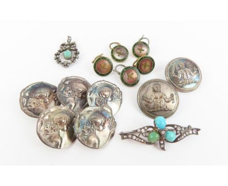 A set of five silver Art Nouveau buttons, Birmingham, 1902, Samuel M Levi; a set of five enamel and mother of pearl buttons; 