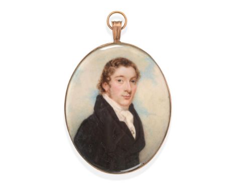 Henry Jacob Burch (British, b.1763): Miniature Bust Portrait of a Gentleman, wearing a black coat and waistcoat, white stock 