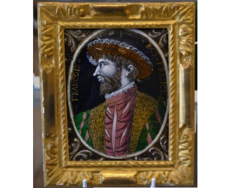 A Limoges Enamel Plaque, in 16th century style, painted with a bust portrait of FRANCOIS I ROY FRANCE within foliate spandrel