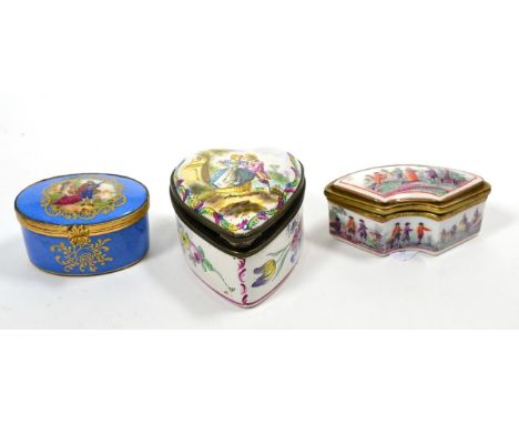 A Gilt Metal Mounted Sèvres Style Porcelain Snuff Box, late 19th century, decorated with 18th century figures on a blue groun