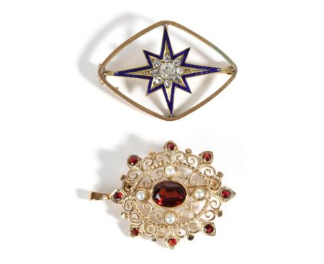 A Diamond and Enamel Brooch, a star set cluster of old cut diamonds within a blue enamel border, within a lozenge-shaped fram
