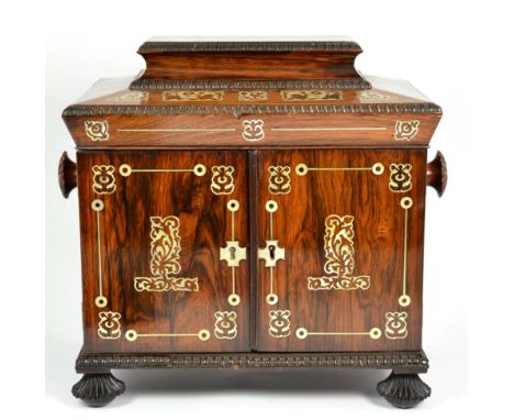 A William IV Rosewood and Mother-of-Pearl Inlaid Table Cabinet, with rising caddy top over two doors enclosing three drawers 