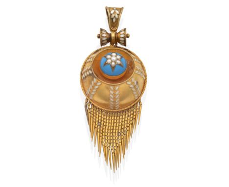 A Victorian Seed Pearl and Enamel Pendant, a star set cluster of seed pearls to a blue enamel dome within a large dome plaque