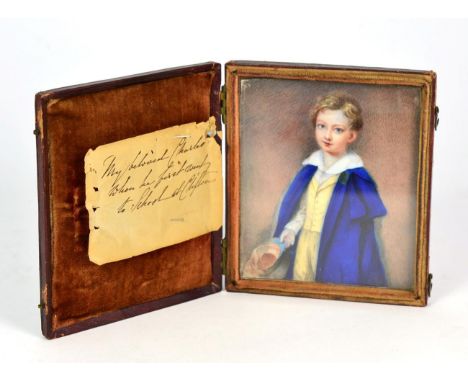 English School (19th century): Miniature Portrait of a Young Boy, three-quarter length, wearing a blue coat with white collar