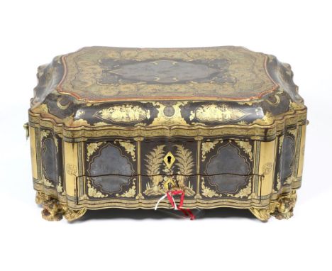 A Chinese Export Lacquer Sewing Box, late 19th century, of cartouche form set with shaped pewter panels engraved with landsca