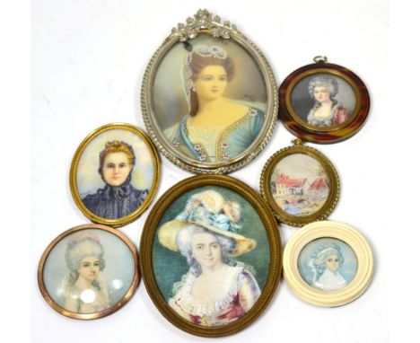 T Rhodes: Miniature Bust Portrait of a Lady, in 18th century costume, 6cm diameter; After Thomas Gainsborough: Miniature Bust
