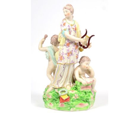 A Derby Porcelain Figure Representing the Arts, circa 1770, as a classical maiden playing a lyre and two cherubs, one reading