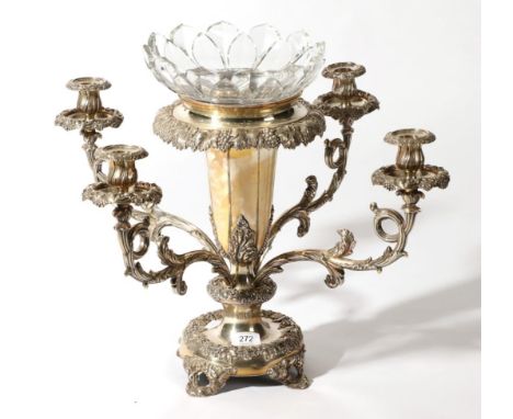 An Old Sheffield Plate Candelabrum Centrepiece, 1st half 19th Century, vase shaped with fruiting vine borders and four scroll