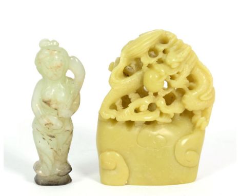 A Chinese Jade Carving, as dragons and the flaming pearl on a cloud scroll base, 6.5cm high; and A Similar Carving of Guanyin