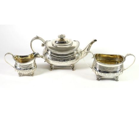 A Similar George III and Later Silver Three Piece Tea Service, the teapot, Naphtali Hart, London 1814, the sugar basin, Solom