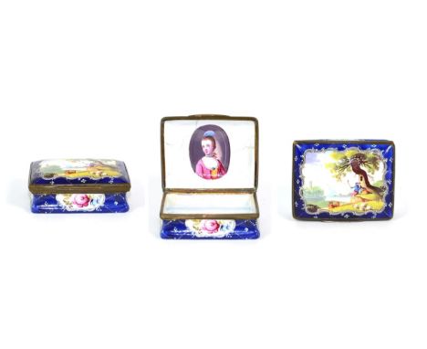 A Staffordshire Enamel Snuffbox, circa 1770, of rectangular form, painted with a shepherd in landscape and with flower sprigs