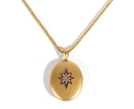 A Seed Pearl and Enamel Locket Pendant, on Chain, a brushed polished oval locket pendant with a central star motif inset with