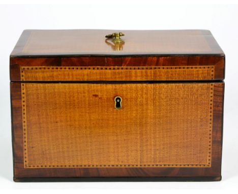 A George III Harewood and Mahogany Banded Tea Caddy, of rectangular form with geometric stringing, enclosing two lift-out can