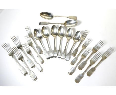 A Group of Victorian Silver Fiddle Pattern Flatware, comprising: 6 table forks, Hayne & Cater, London 1856; 6 Irish dessert s