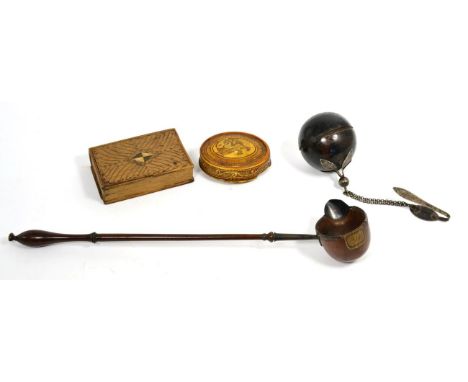 A White Metal Mounted Treen Toddy Ladle, 18th century, with ovoid bowl and baluster turned handle, 36cm; A White Metal Mounte