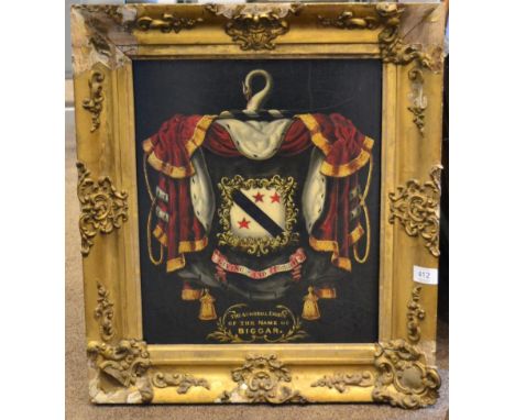 A Victorian Painted Armorial Panel, with the arms of Biggar and inscribed THE ARMORIAL ENSIGN OF THE NAME OF BIGGAR, 39.5cm b